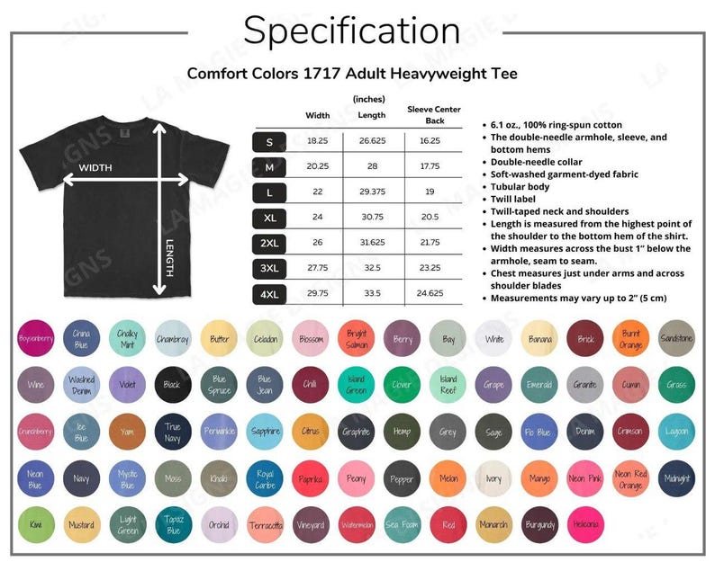 Puede incluir: Una tabla de especificaciones para la camiseta pesada para adultos Comfort Colors 1717 que incluye un diagrama de camiseta negra, una tabla de tallas con medidas en pulgadas, detalles del producto y una cuadr&iacute;cula de muestras de color.