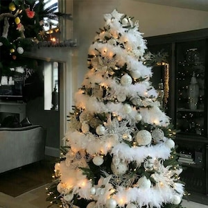 Boa de plumas blancas para árbol de Navidad, 2 m, color blanco