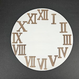 Puede incluir: Una esfera de reloj redonda y blanca con números romanos en un tono marrón cálido. Los números están espaciados alrededor del borde de la esfera. El fondo es gris oscuro.
