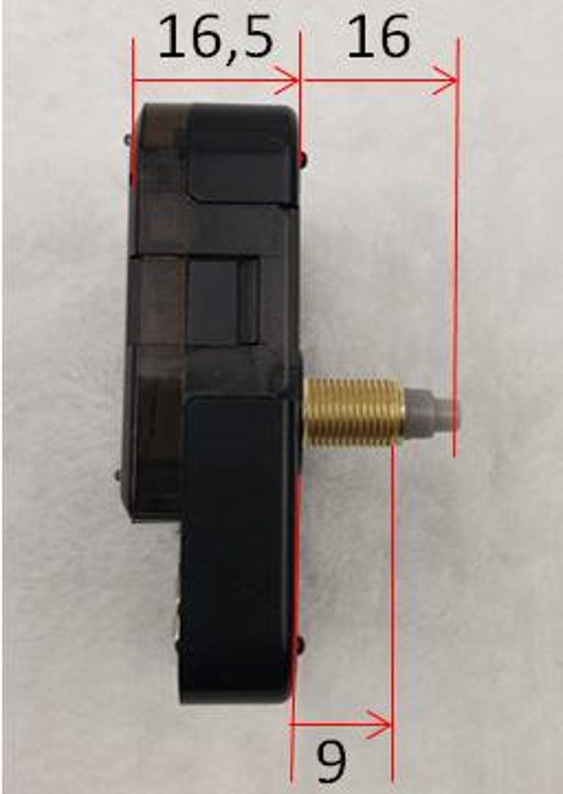 May include: A black clock movement with a gold-colored threaded shaft. The movement measures 16.5 mm wide, 16 mm high, and 9 mm deep. The clock mechanism is designed for DIY clock projects.