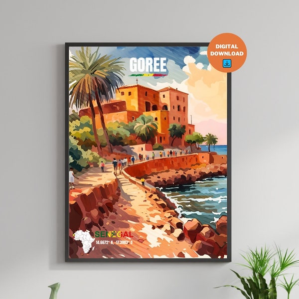 Senegal Goree Island Poster, Digital Download Art Print, Vintage Inspired, Original Painting Wall Art, Senegalese Watercolor Home Decor