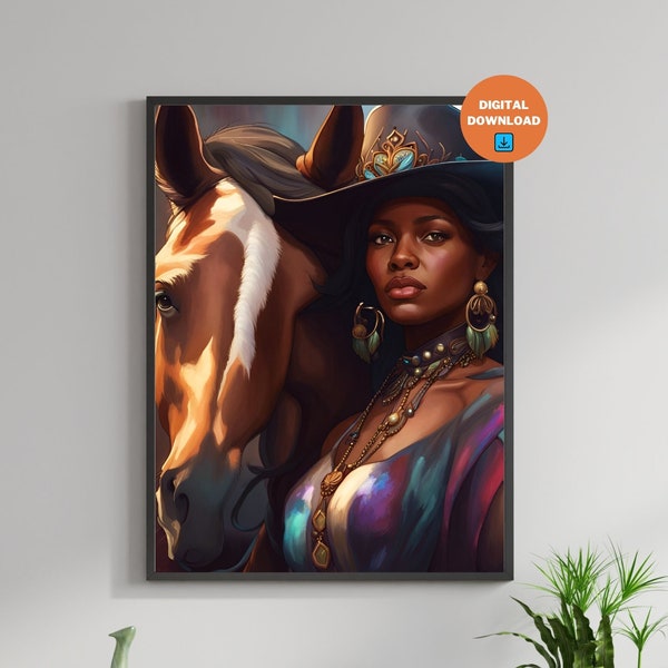 Captivating Black Woman Art, Digital Modern Home Decor, Sublimation Design, Horse Illustration, Hat Style Poster