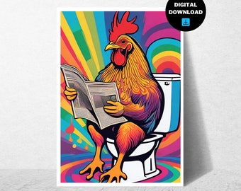 Cartel del periódico de lectura de pollo, arte de pared de animales colorido imprimible, decoración divertida de la pared del baño, cartel de acuarela, estampado de animales divertido