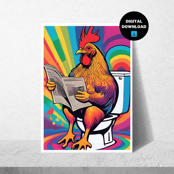 Chicken Reading Newspaper Poster, Printable Colorful Animal Wall Art, Funny Bathroom Wall Decor, Watercolor Poster, Funny Animal Print