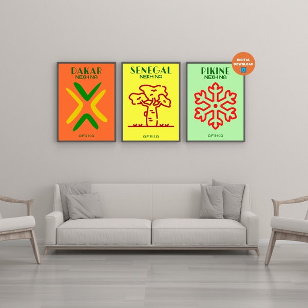 Travel Print Set of 3, Senegal Printable Wall Art, Dakar Print, Gallery Wall Set, Colorful Travel Poster, Minimalist Pikine Wall Art