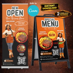 May include: A promotional BBQ house advertisement with the text "NEW OPEN" and "SPECIAL MENU". The design includes illustrations of food, a QR code, and a cartoon of a woman in a cowboy hat. The sign also includes the text "Instant Download" and "2 Templates Included".