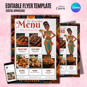 Peut inclure: Modèle de flyer modifiable avec le texte "EDITABLE FLYER TEMPLATE DIGITAL DOWNLOAD" et "Menu TASTE THE AFRICAN SOUL". Le flyer présente des illustrations de plats africains et un smartphone affichant une page de médias sociaux.
