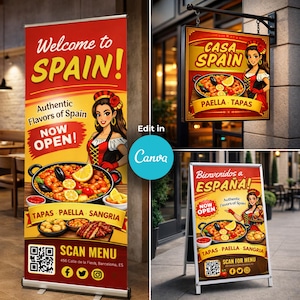 Peut inclure: Une image promotionnelle pour un restaurant espagnol, comprenant une bannière déroulante, une enseigne suspendue et un chevalet. Les enseignes affichent le nom du restaurant, "Casa Spain", et des plats comme la paella et les tapas. Les bannières disent "Welcome to Spain!" et "Bienvenidos a España!"