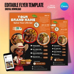 May include: A flyer for an African restaurant featuring a cartoon illustration of a woman in a red and white hat holding a plate of food. The flyer has a black background with orange and white accents. The menu includes items such as African Burger, Spicy French Fries, Grilled Chicken Wings, and Grilled Hot Dog. The flyer also includes the restaurant's name, address, and phone number.