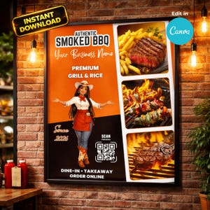 Modèle poster restaurant BBQ, affiche Canva modifiable, flyer menu smoked BBQ promo, QR code, A1 24x36, 2 modèles