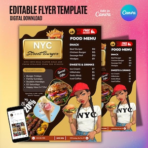 Editable Burger Shop Flyer, Fast Food Menu Template, Canva Design, Digital Download, Takeout Delivery Promotion, Restaurant Marketing Pack