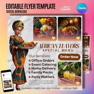 Modèle Menu Cuisine Africaine Éditable Flyer Restaurant Design Services Traiteur Menu Digital Commande Livraison Modèle Marketing Business
