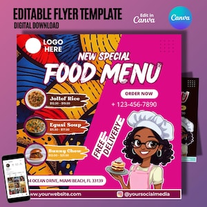 Puede incluir: Un folleto rosa y negro con un chef de dibujos animados sosteniendo un plato de pastel. El folleto anuncia un nuevo menú de comida con el texto "Nuevo menú especial" y un número de teléfono para ordenar. El folleto también incluye el texto "Entrega gratuita".