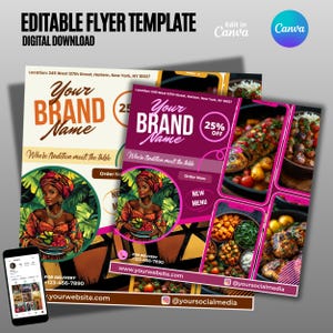 Peut inclure: Un modèle de flyer pour un restaurant avec un schéma de couleurs rose et marron. Le flyer présente une femme en robe colorée et une variété de plats. Le texte sur le flyer indique "Votre Nom de Marque" et "Où la tradition rencontre la table".