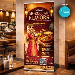 Peut inclure: Une bannière verticale annonçant "Authentic Moroccan Flavors". Elle présente une illustration d'une femme en tenue traditionnelle, tenant un plateau de nourriture. La bannière comprend un code QR et le texte "Scan to View Our Menu".