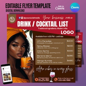 Modèle Menu Cocktail Modifiable, Flyer Canva, Carte Boissons Africaines, Flyer Bar Moderne, Promotion Boissons Restaurant, Fichier Numérique