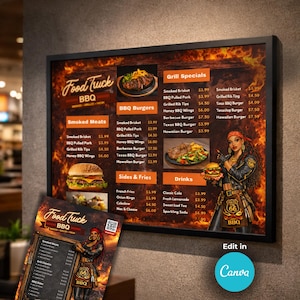 Canva-Restaurantmenü-Paket, 36x24 Wandmenü-Vorlage + A4-Flyer, bearbeitbare Speisekarte für BBQ-Foodtrucks, druckbare Restaurant-Displays