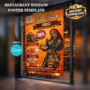 Restaurant Poster Template, Fast Food Poster, Food Truck Sign, Editable Canva Menu Board, BBQ Flyer, Grand Opening Sign, Instant Download