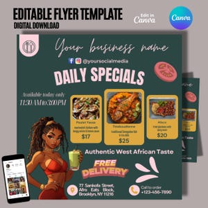 DIY Canva Reklamowa Ulotka, Edytowalny Szablon Menu Kuchni Afrykańskiej, Promocja Kuchni Zachodnioafrykańskiej, Ulotka Codziennych Specjalności Restauracji