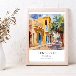 Saint-Louis Reiseposterdruck, afrikanische Kunst im Gouache-Stil, digitaler Download, Originalgemälde Poster, Senegal Home Decor