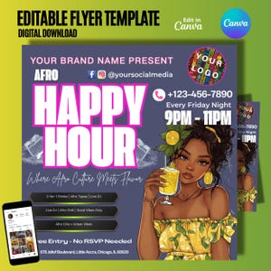 Flyer Canva faça você mesmo, modelo de happy hour afro editável, pôster digital para festa de sexta à noite, promoção de evento urbano, atmosfera de bar lounge