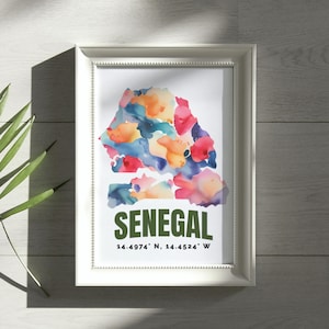 Carte Sénégal Poster PNG SVG, Dakar Art Murale, Impression Aquarelle, Cadeau Voyage Afrique, Belle Œuvre Colorée, Décoration Maison Sénégal