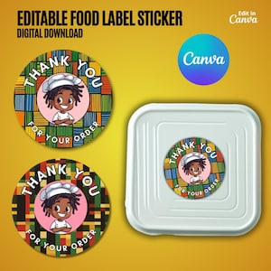 Peut inclure: Deux autocollants ronds avec un chef de dessin animé aux dreadlocks et le texte "Merci pour votre commande" dans un motif géométrique coloré.
