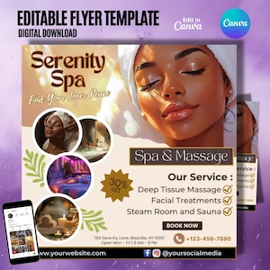 Beauty Spa Flyer Template, Editable Canva, Digital Marketing Design, Facial Massage Promotion, Relaxation Salon Advertising Printable