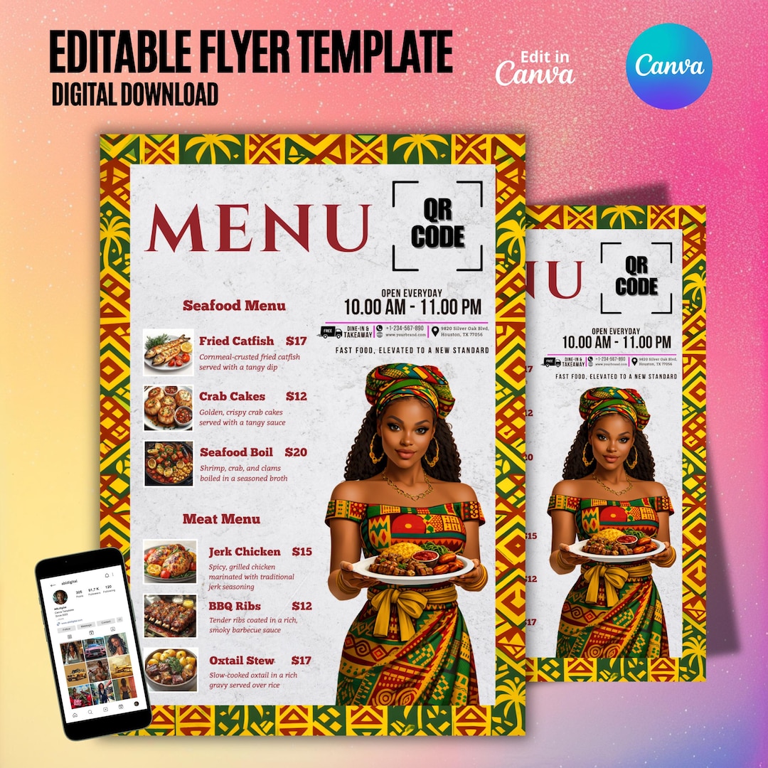African Restaurant Menu Flyer Template, Editable Canva Food Menu, A4 ...