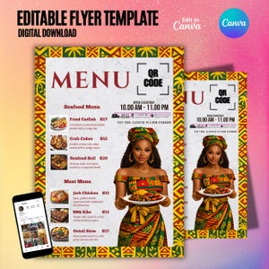 Peut inclure: Un modèle de flyer modifiable avec un design de menu. Le menu propose des plats de fruits de mer et de viande, avec un code QR et des heures d'ouverture. Le design comprend une femme en tenue traditionnelle tenant une assiette de nourriture, avec un smartphone affichant un flux de médias sociaux.