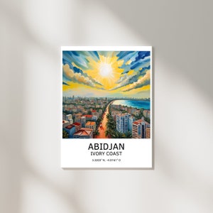 Abidjan-Stadtplakat, Wanddruck der Elfenbeinküste, Kunstwerk mit blauem Himmel und Sonnenschein, afrikanische Dekoration, Gouache-Aquarell-Stil, Sommer-Kunstdruck