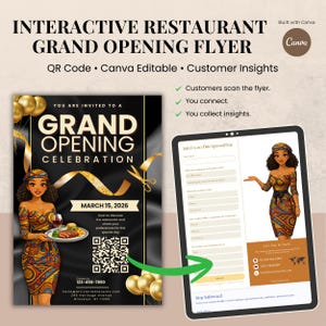 Peut inclure: Flyer numérique interactif pour l'inauguration d'un restaurant, avec le texte "Grand Opening Celebration" et un code QR. Le flyer comprend un formulaire numérique sur une tablette et le texte "Join Us on This Special Day". Le design utilise un code couleur noir et or.