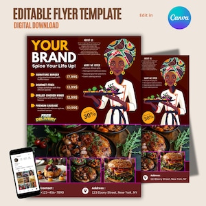 Peut inclure: Un modèle de flyer numérique avec le texte "YOUR BRAND Spice Your Life Up!" et des images de nourriture. Le flyer comprend un dessin animé d'une femme portant un uniforme de chef et un turban. Le flyer comprend également le texte "EDITABLE FLYER TEMPLATE DIGITAL DOWNLOAD".