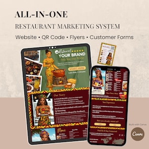 Op de afbeelding: Een restaurant marketing systeem, getoond op een tablet en smartphone. De tablet toont een menu-ontwerp met een vrouw in een gele jurk. De smartphone toont een menu met een hamburger en friet. De tekst luidt "Restaurant Your Brand".