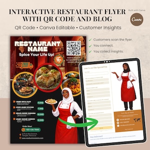 Peut inclure: Flyer de restaurant interactif avec code QR et blog. Il présente le nom du restaurant, des images de plats et un formulaire pour participer à une journée spéciale. Il comprend un code QR et le texte "Spice Your Life Up!"