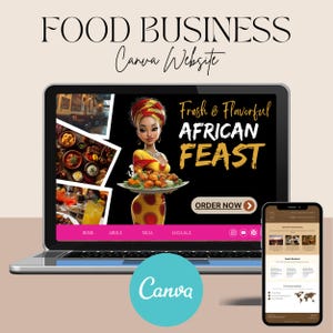 Op de afbeelding: Een laptop en smartphone tonen een website-ontwerp voor een foodbedrijf. De website bevat de tekst "Fresh & Flavorful African Feast" met een illustratie van een vrouw die een schaal met eten vasthoudt. Het Canva-logo staat onderaan.
