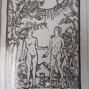 The Lovers witte lijst linoprint. Handprinted with speedball ink.