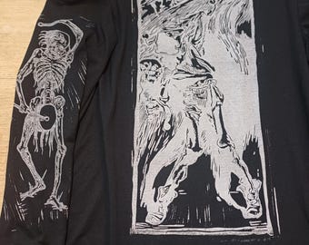 Death and a drummer, Size L longsleeve T-shirt, bio-cotton, Handprinted, lino print