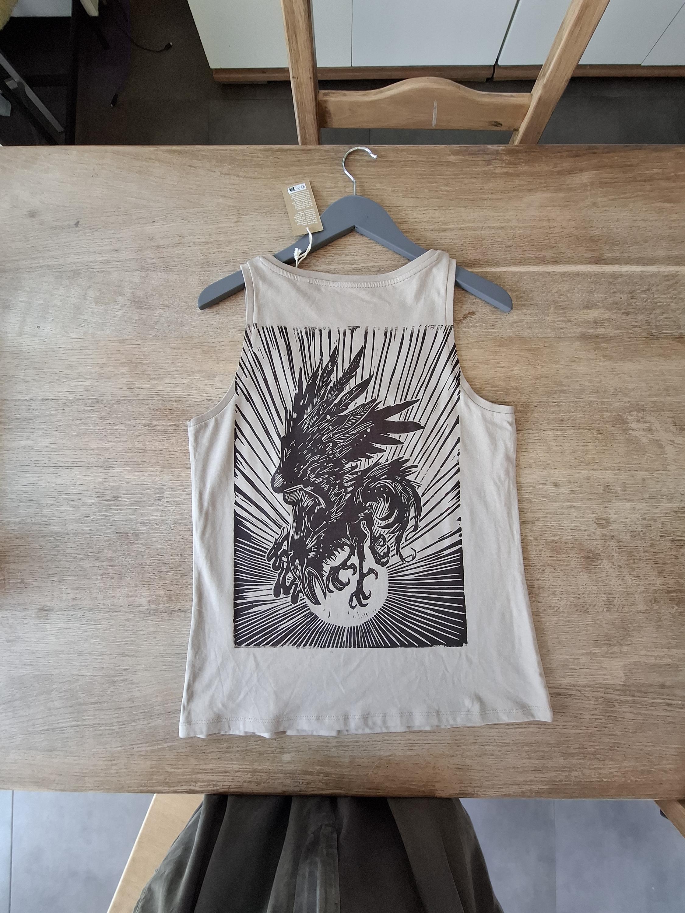 3 legged crow tank top size M Handprinted, lino print