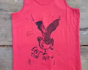 Seagull eat the rich, Size M tank top racer back T-shirt Handprinted, lino print