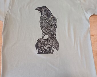 Raven #2, Size L T-shirt Handprinted, linocut