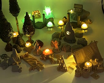 DM Terrain Set with Warm Lights, 70+ pc | 3D Printed DnD Scatter Terrain 28mm