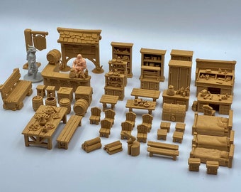 30, 60 and 90-piece Tavern Interior and Exterior Miniature Sets for DnD, Pathfinder, and Wargaming - 28mm and 32mm Compatible