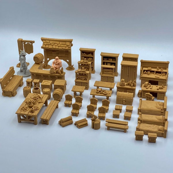 30, 60 and 90-piece Tavern Interior and Exterior Miniature Sets for DnD, Pathfinder, and Wargaming - 28mm and 32mm Compatible