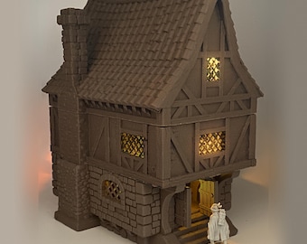 Tavern Building with Warm Lights, Snoring Warrior Inn | 3D Printed DnD Terrain 28mm
