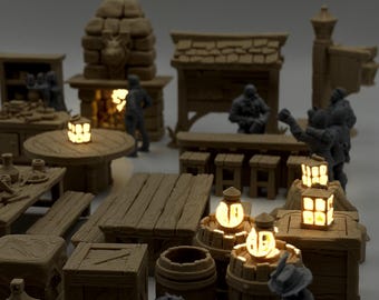 Tavern Furniture Set with Warm Lights, 60-240 pc | 3D Printed DnD Terrain 28mm