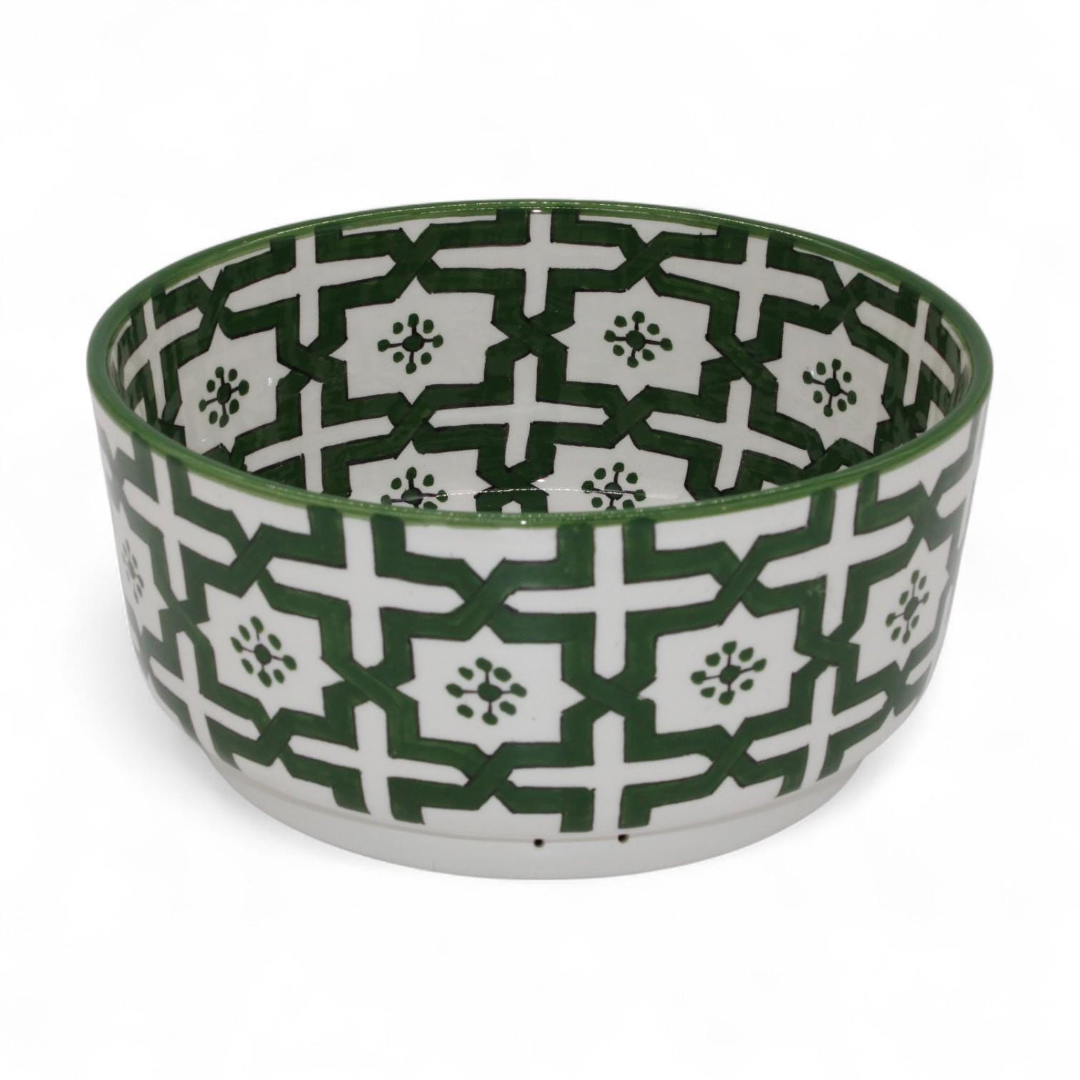 モロッコ風グリーン幾何学模様ボウル - モロッコの手作り陶器