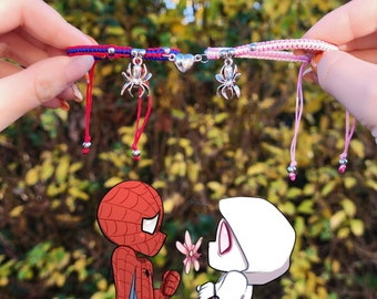 Bracelets duo Spiderman et Gwen Stacy Fait main / Bleu et rouge et Rose et Blanc / Alliage de zinc / Macramé / Personnalisable et réglable