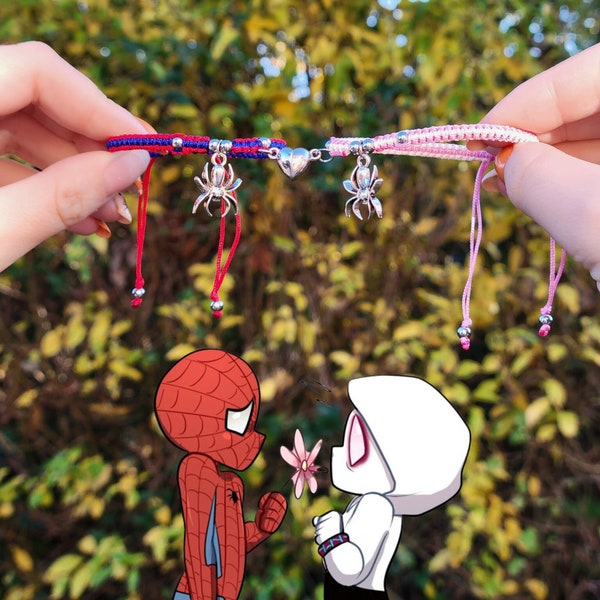 Bracelets duo Spiderman et Gwen Stacy Fait main / Bleu et rouge et Rose et Blanc / Alliage de zinc / Macramé / Personnalisable et réglable