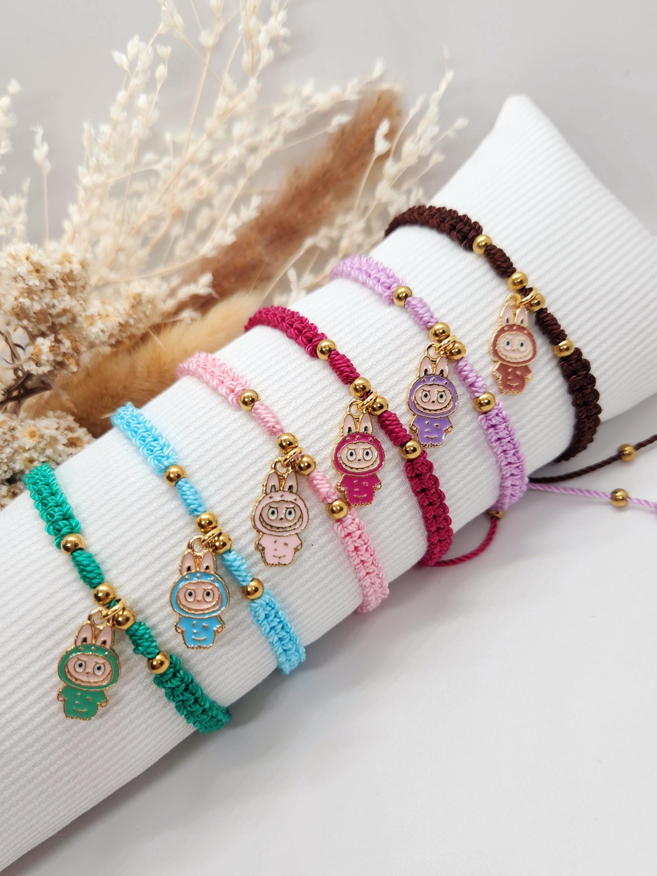 Labubu Bracelets | Labubu Plush Figures | Handmade | Macrame in Various Colors | Stainless Steel Beads